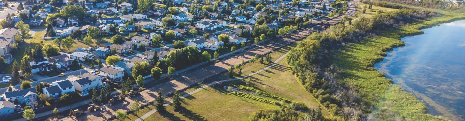 An aerial view of a planned suburb community